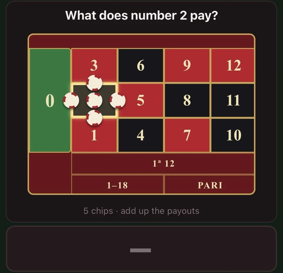 Roulette payout exercise showing chips placed on the layout